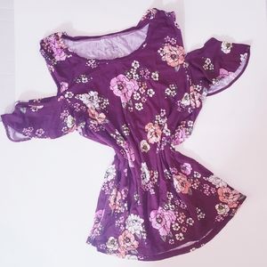 Wine Floral Cold-Shoulder Top